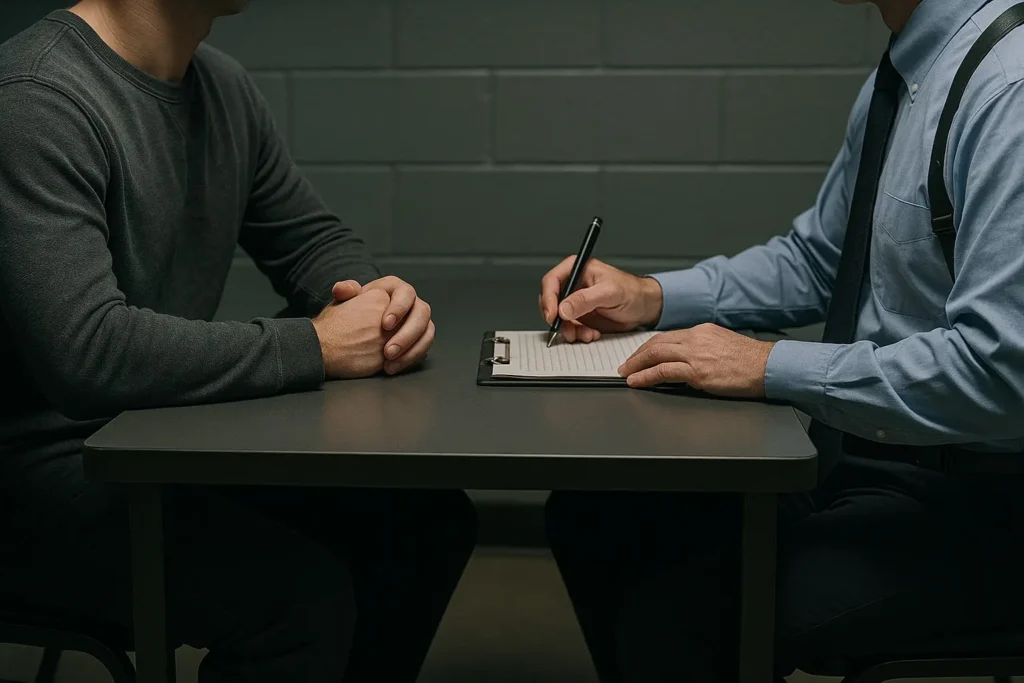 An inspector takes notes while conducting an informational interview with a suspect in an interrogation room.
